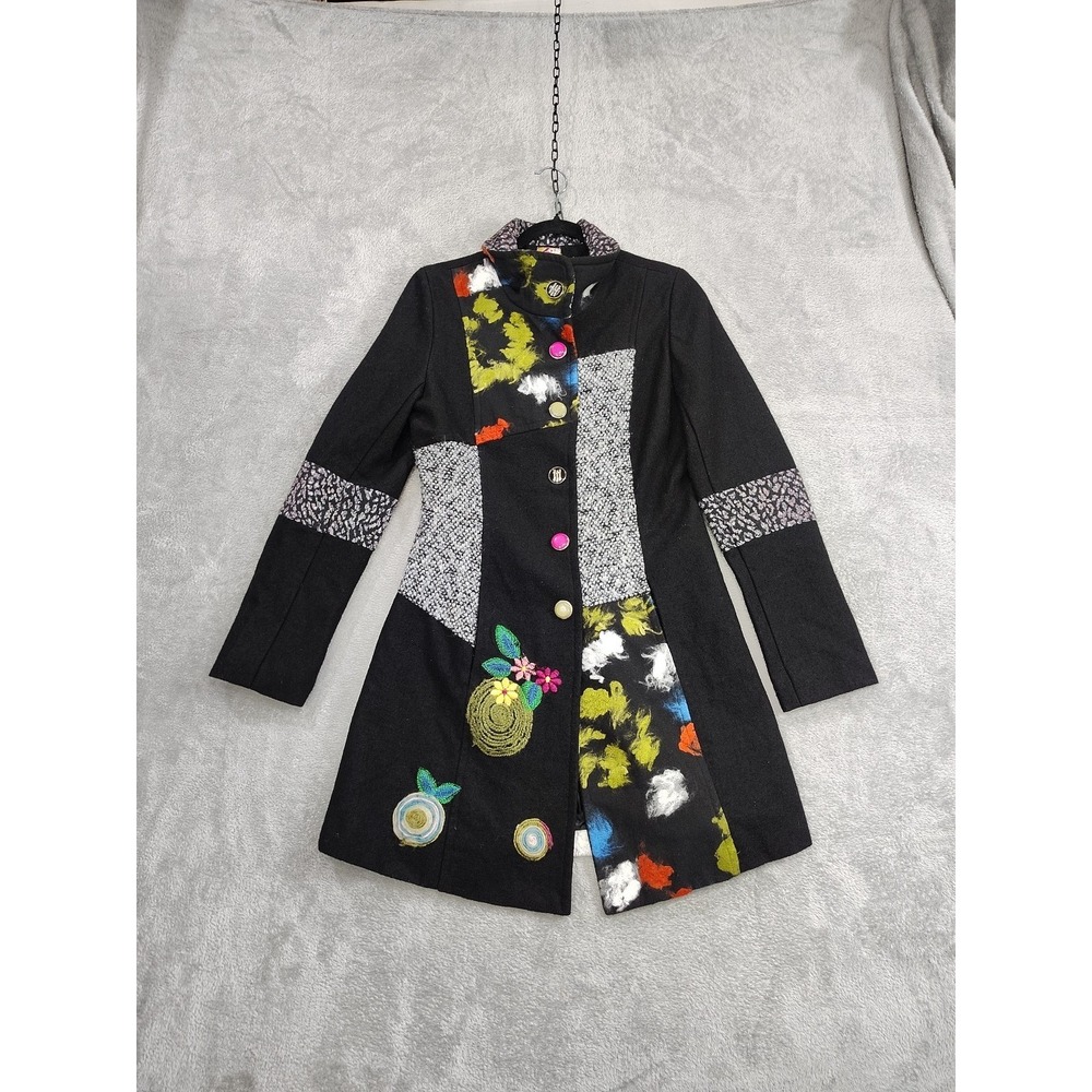 Patchwork Princess Coat Med Mid Length Wool Blend Mixed‎ Media Artsy Embroidered